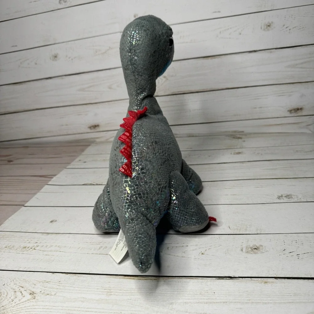 Metallic Sparkly Brontosaurus Dinosaur Plush Toy With Blue Belly & Red Spikes